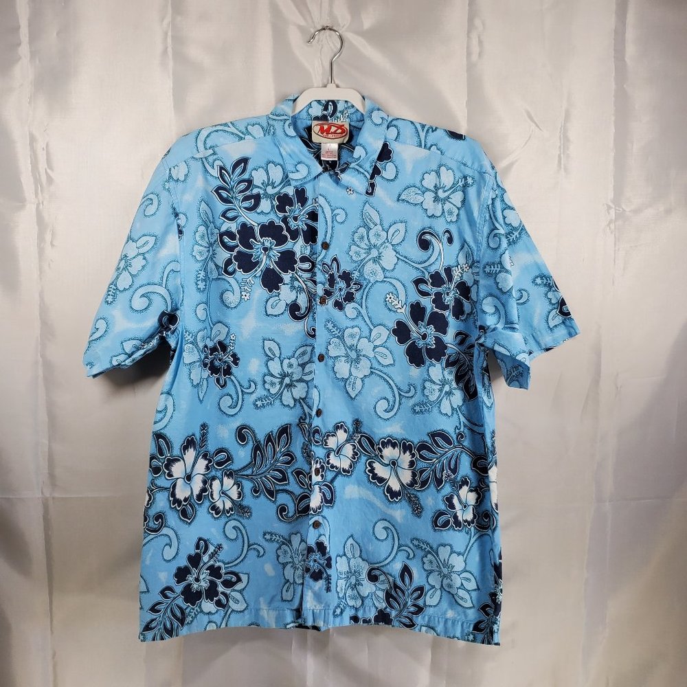 Malibu Dreams Button Up Short Sleeve Hawaiian Print Shirt Blue Floral Men Sz L